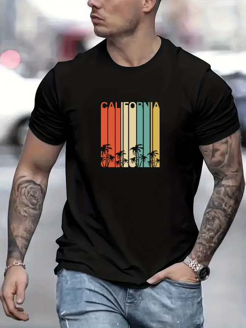 Men's Graphic T-Shirt California Retro Vertical Stripes With Palm Tree Silhouettes Under Sunset Sky