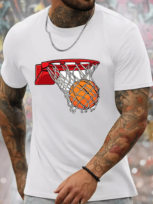 Men's Graphic T-Shirt Vivid Orange Basketball Swishing Through Red Net Hoop