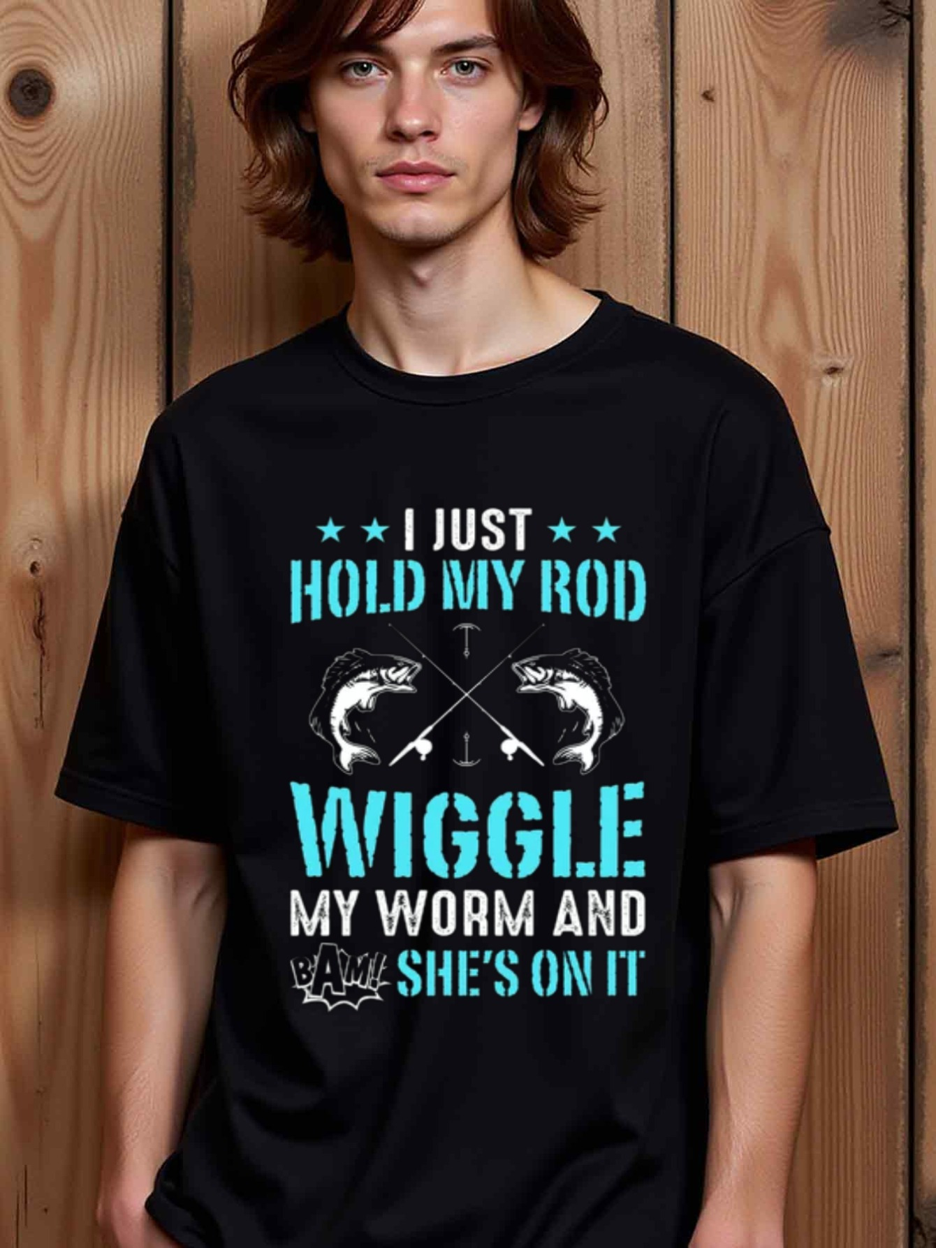 Men's Graphic T-Shirt I Just Hold My Rod Wiggle My Worm And Shes On It With Fishing Rod Fish Design