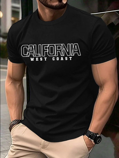 Men's Graphic T-Shirt California West Coast Bold Outline Letters On Classic Black Shirt