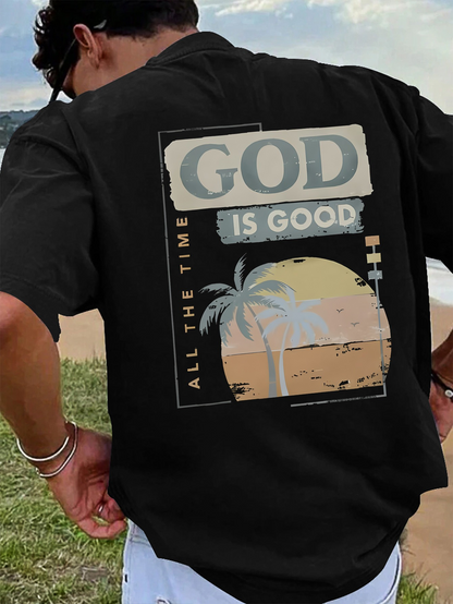 Men's Graphic T-Shirt God Is Good Sunrise With Faded Palms And Vintage Pastel Landscape