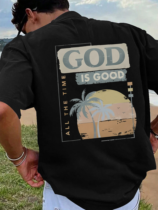 Men's Graphic T-Shirt God Is Good Sunrise With Faded Palms And Vintage Pastel Landscape