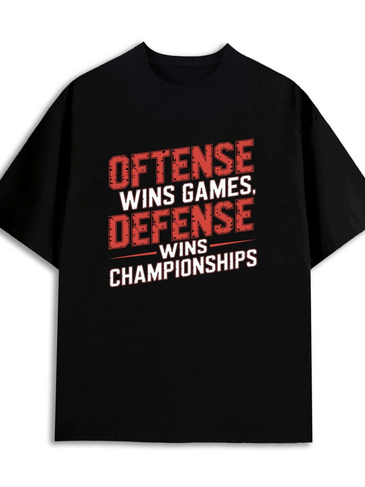 Men's Graphic T-Shirt Offense Wins Games Defense Wins Championships With Bold Distressed Block Lettering On Black T Shirt