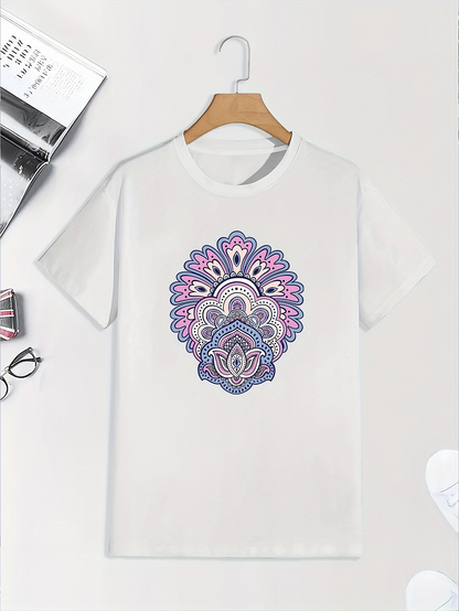 Men's Graphic T-Shirt Violet Blue Mandala With Detailed Floral Layers Pattern