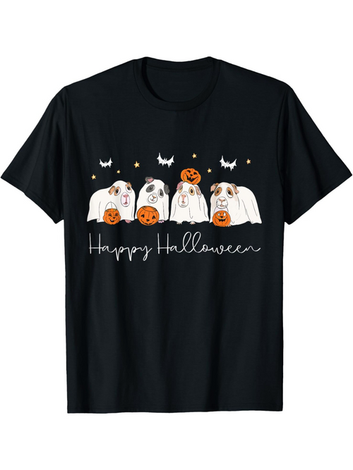 Men's Graphic T-Shirt Happy Halloween Playful Dogs With Pumpkins And Bats Under Night Sky