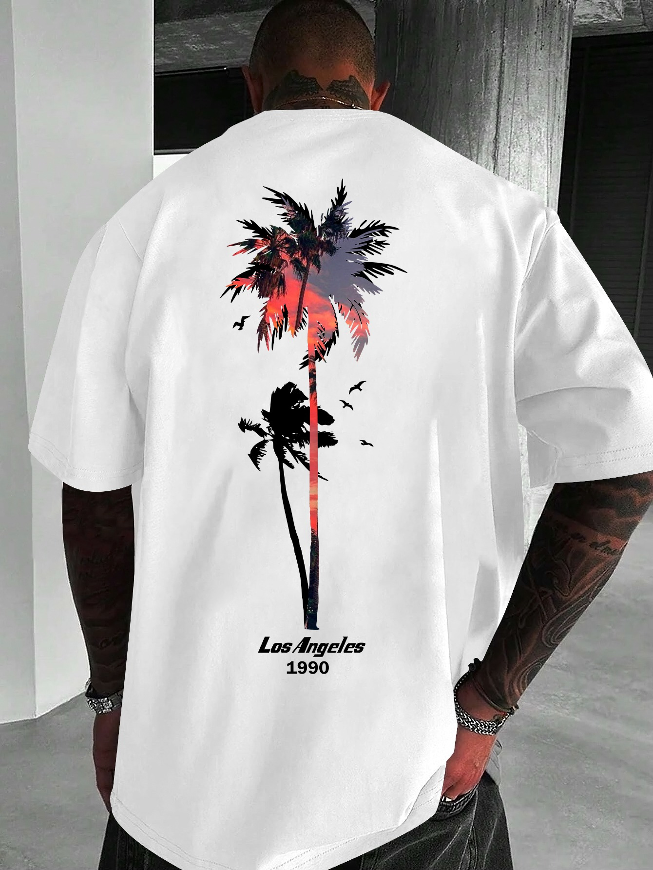 Men's Graphic T-Shirt Los Angeles 1990 Sunset Reflections With Silhouetted Flying Birds And Palm Trees