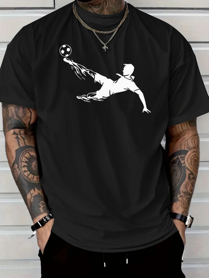 Men's Graphic T-Shirt Dynamic Soccer Player In Motion With Flying Ball Striking Energy Figure