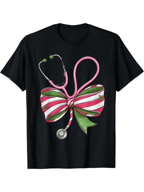 Men's Graphic T-Shirt Pink Stethoscope With Festive Ribbon And Holiday Greenery Bow