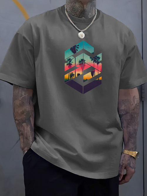 Men's Graphic T-Shirt Geometric Sunset With Vibrant Palm Trees Among Abstract Gradients Landscape