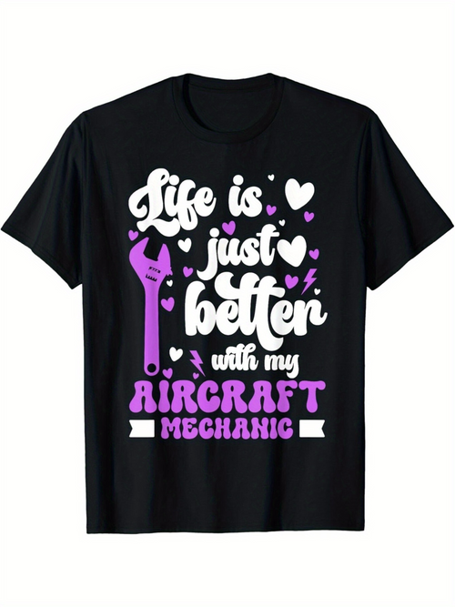 Men's Graphic T-Shirt Life Is Just Better With My Aircraft Mechanic Surrounded By Hearts And Purple Wrench