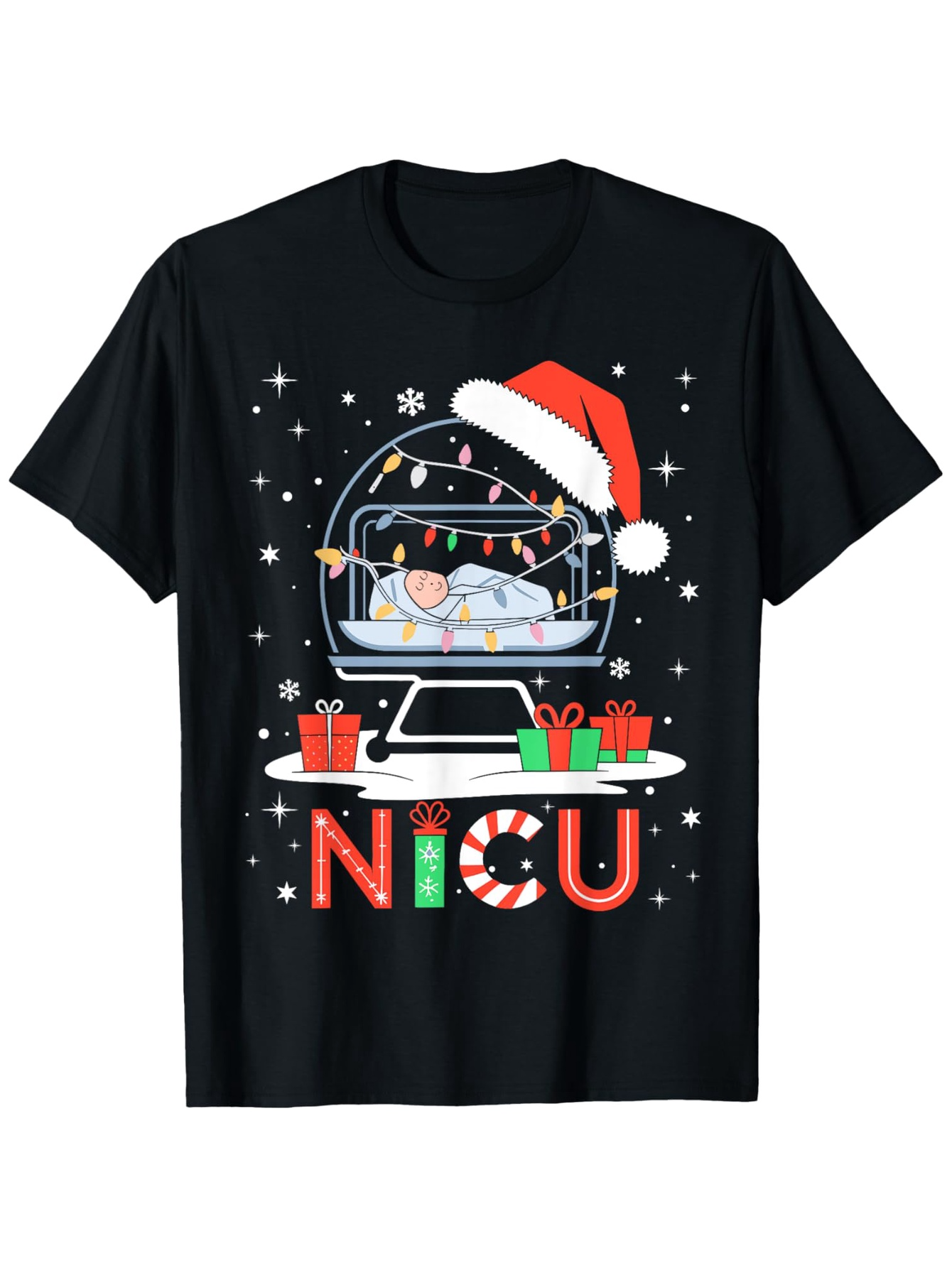 Men's Graphic T-Shirt Christmas Lights With Santa Hat And Gift Boxes Surrounding Incubator