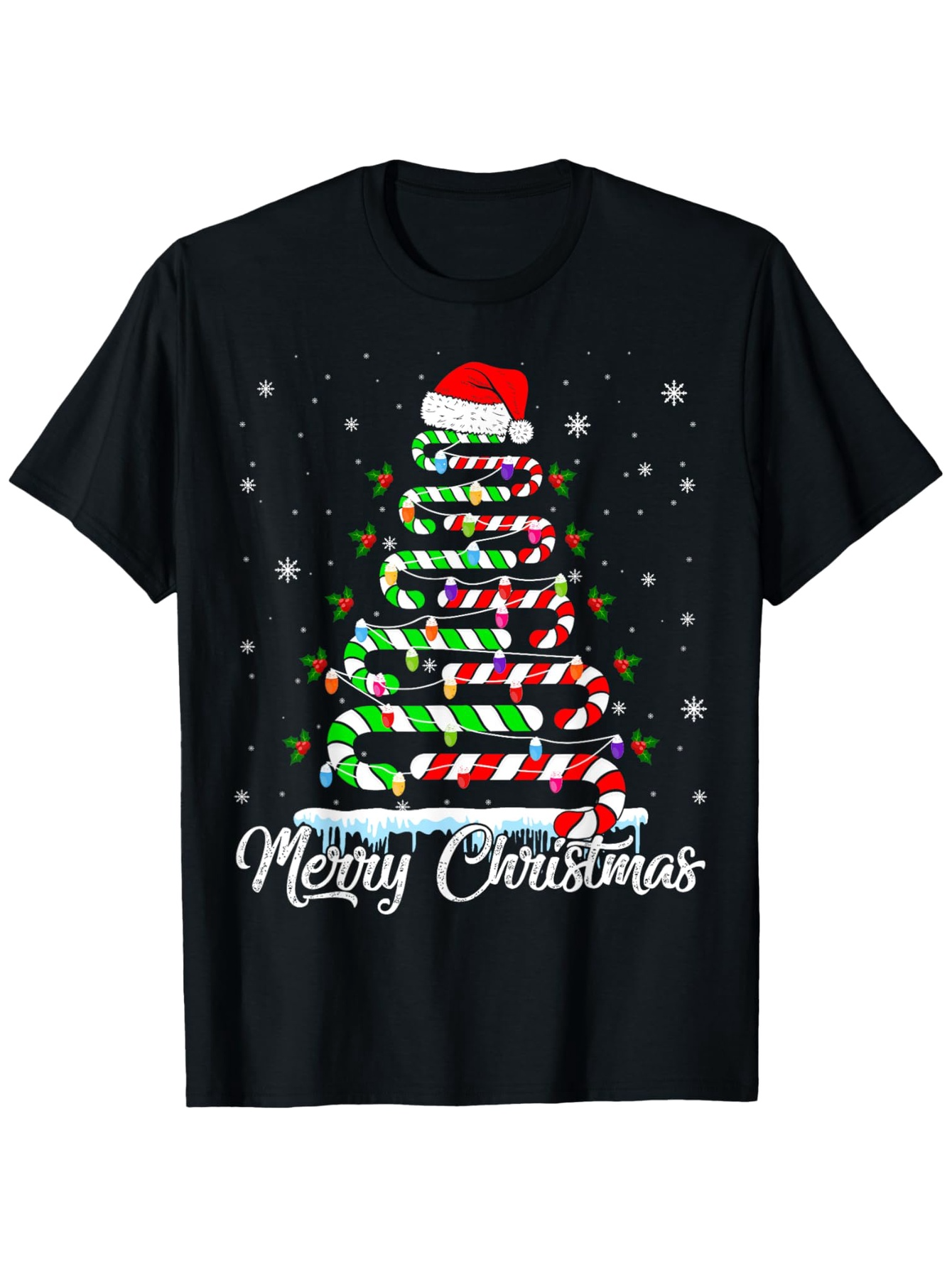 Men's Graphic T-Shirt Merry Christmas Candy Canes Arranged As Festive Christmas Tree On Black T Shirt