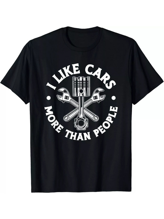 Men's Graphic T-Shirt I Like Cars More Than People With Crossed Wrenches And Detailed Engine Pistons Graphic