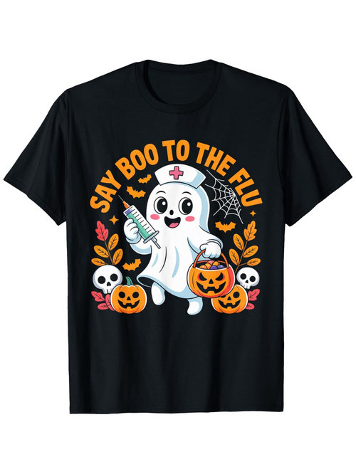 Men's Graphic T-Shirt Say Boo To The Flu Ghost Holding Syringe Among Pumpkins And Autumn Leaves