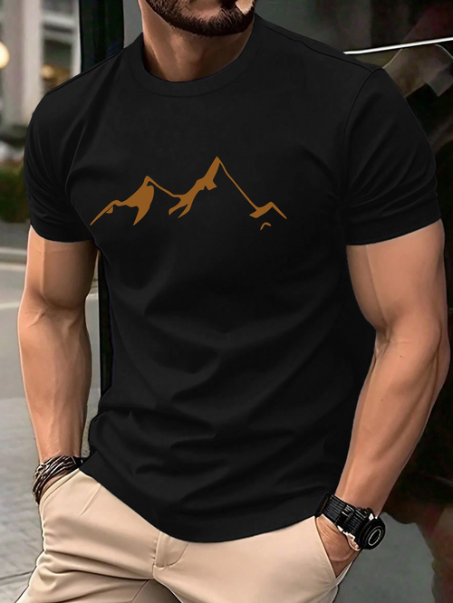 Men's Graphic T-Shirt Golden Outline Peaks With Minimalist Silhouette Mountain Range