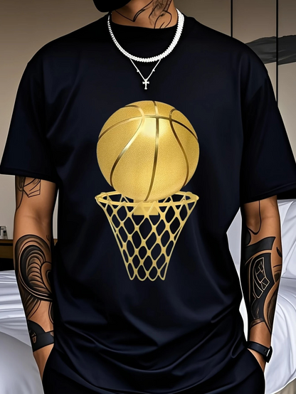 Men's Graphic T-Shirt Golden Basketball Above Shining Net Under Indoor Lighting Basketball