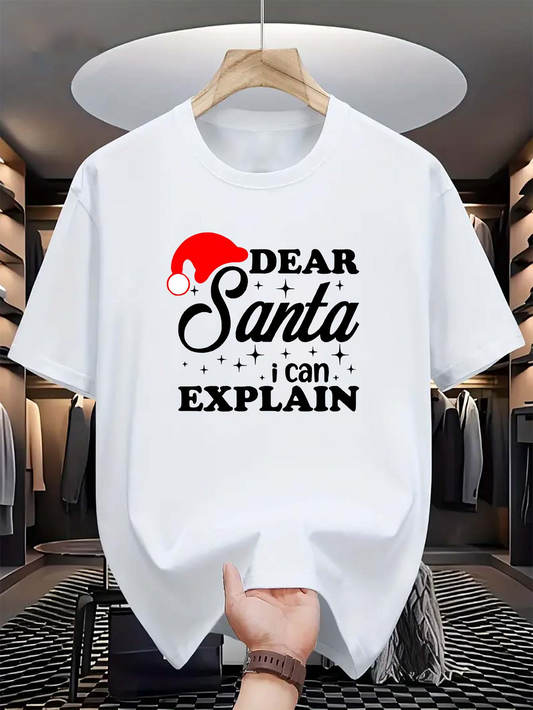 Men's Graphic T-Shirt Dear Santa I Can Explain Whimsical Christmas Hat With Cheerful Lettering Santa