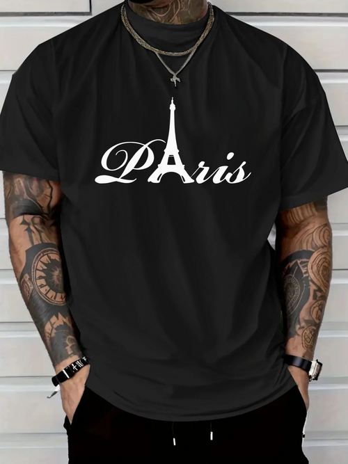 Men's Graphic T-Shirt Paris Iconic Eiffel Tower Under Elegant Script Text