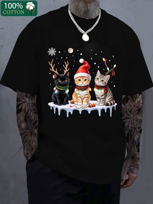Men's Graphic T-Shirt Christmas Snowfall With Three Festive Cats Wearing Hats Antlers And Scarves