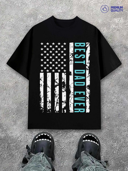 Men's Graphic T-Shirt Best Dad Ever Distressed American Flag Vertical Typography T Shirt