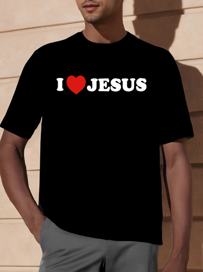 Men's Graphic T-Shirt I Love Jesus Bold White Letters With Red Heart Centered Jesus