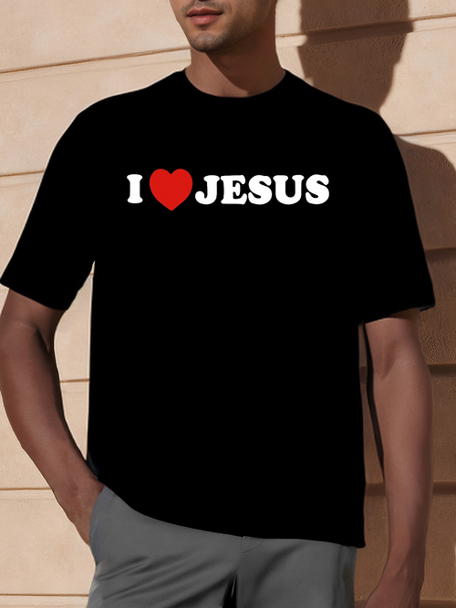 Men's Graphic T-Shirt I Love Jesus Bold White Letters With Red Heart Centered Jesus