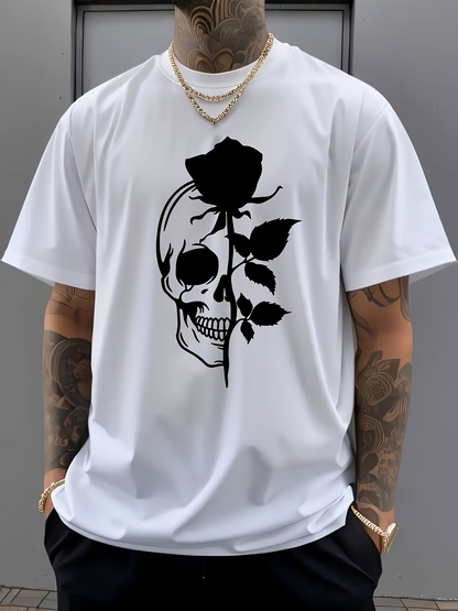 Men's Graphic T-Shirt Dark Blooming Rose Growing Withered Over Half Skull