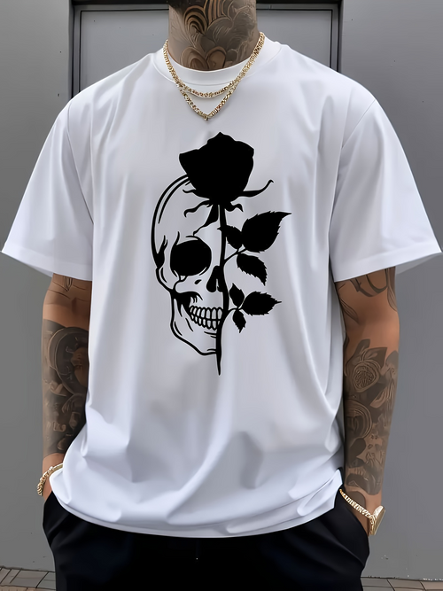 Men's Graphic T-Shirt Dark Blooming Rose Growing Withered Over Half Skull