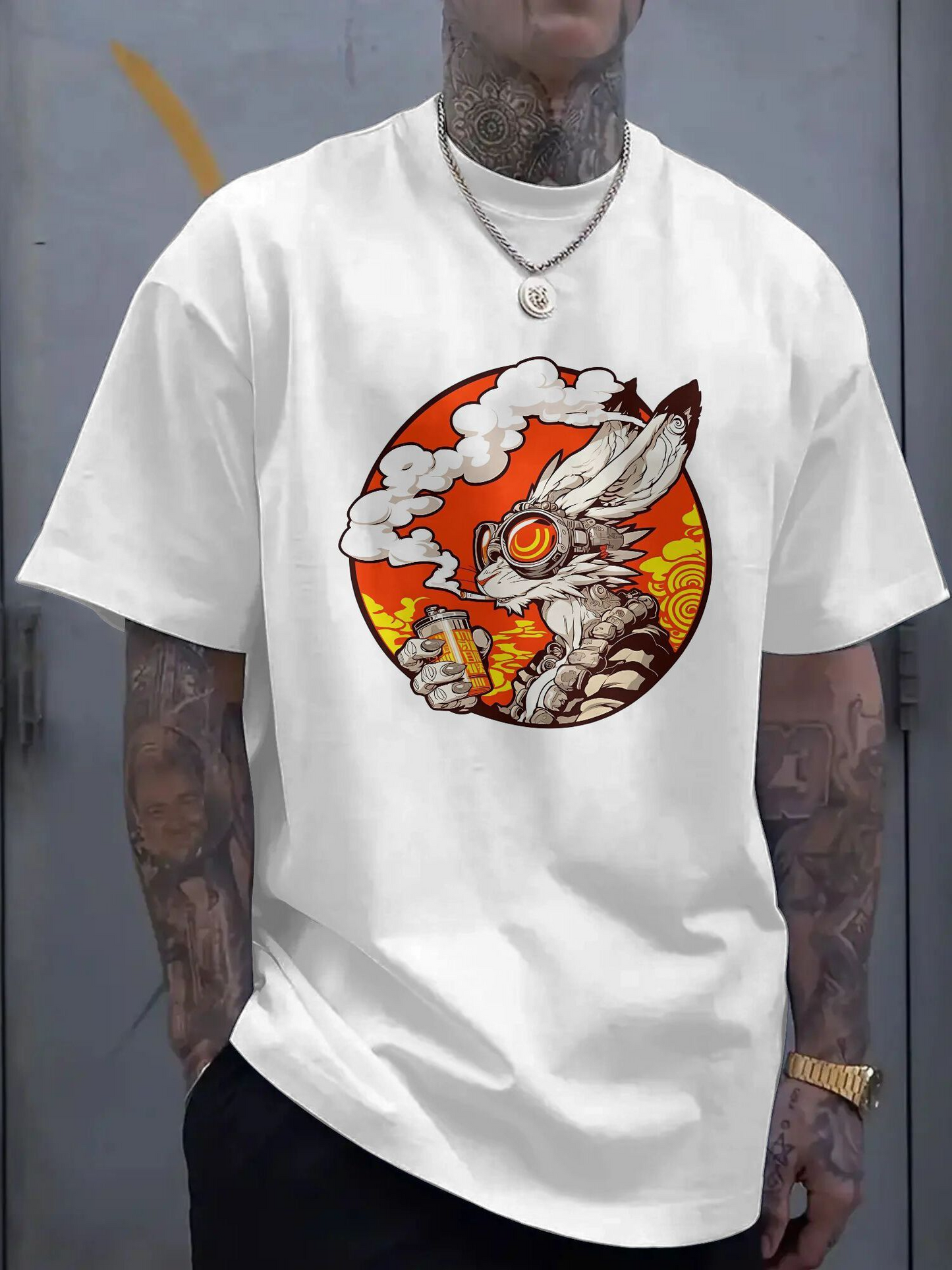Men's Graphic T-Shirt Fiery Sky With Clouds And Vapor Around Futuristic Rabbit
