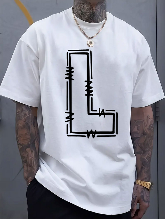 Men's Graphic T-Shirt Barbed Wire Graphic Letter L Symbol Monochrome White T Shirt