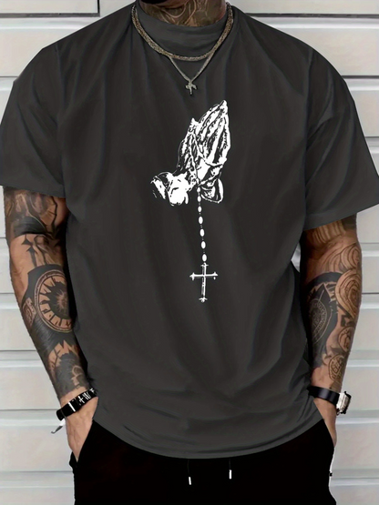 Men's Graphic T-Shirt Sacred Hands Praying With Hanging Rosary Cross Pendant