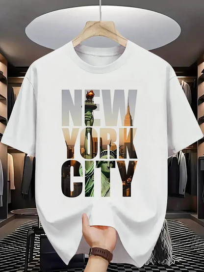 Men's Graphic T-Shirt New York City With Statue Of Liberty Skyline Architecture Landmarks Reflected Text Effect