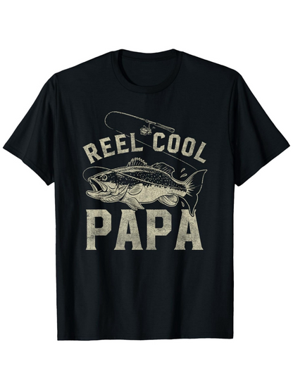 Men's Graphic T-Shirt Reel Cool Papa With Vintage Fishing Rod And Jumping Bass Fish