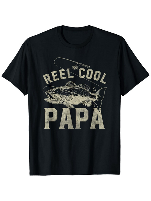 Men's Graphic T-Shirt Reel Cool Papa With Vintage Fishing Rod And Jumping Bass Fish