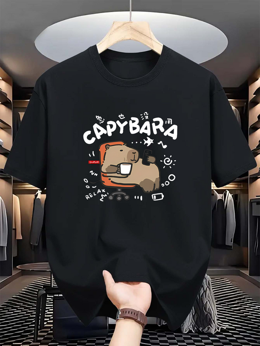 Men's Graphic T-Shirt Capybara Cartoon With Playful Digital Doodles Surrounding Relaxed Capybara