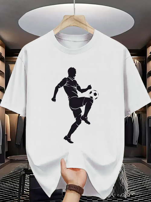 Men's Graphic T-Shirt Dynamic Black Silhouette Among Bright Modern White Cotton Soccer Player