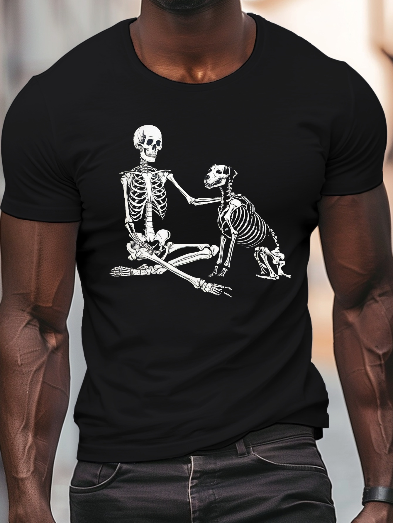 Men's Graphic T-Shirt Emotional Reunion Under Moonlight With Skeleton Human And Loyal Dog