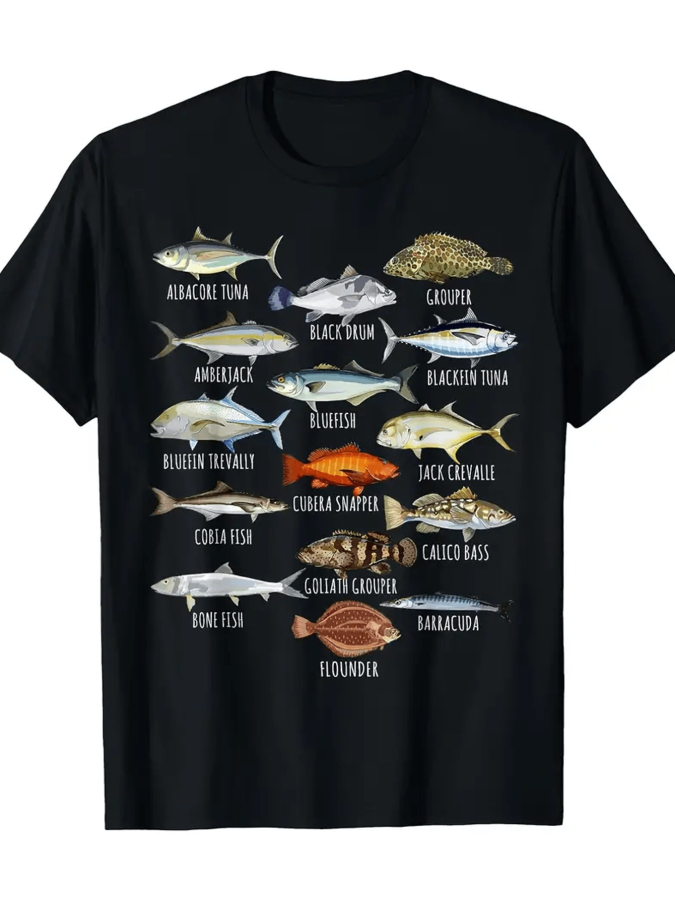 Men's Graphic T-Shirt Colorful Ocean Fish With Names Arranged In Three Organized Rows Tuna