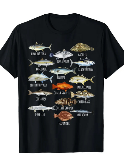 Men's Graphic T-Shirt Colorful Ocean Fish With Names Arranged In Three Organized Rows Tuna