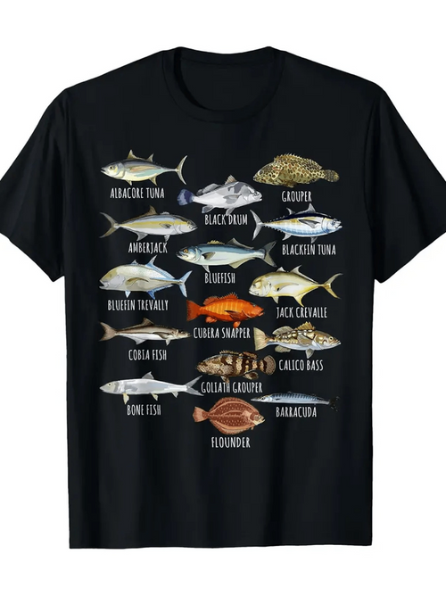 Men's Graphic T-Shirt Colorful Ocean Fish With Names Arranged In Three Organized Rows Tuna