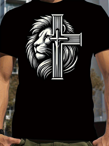 Men's Graphic T-Shirt Radiant Shaded Mane Lion With Bold Graphic Cross Symbol