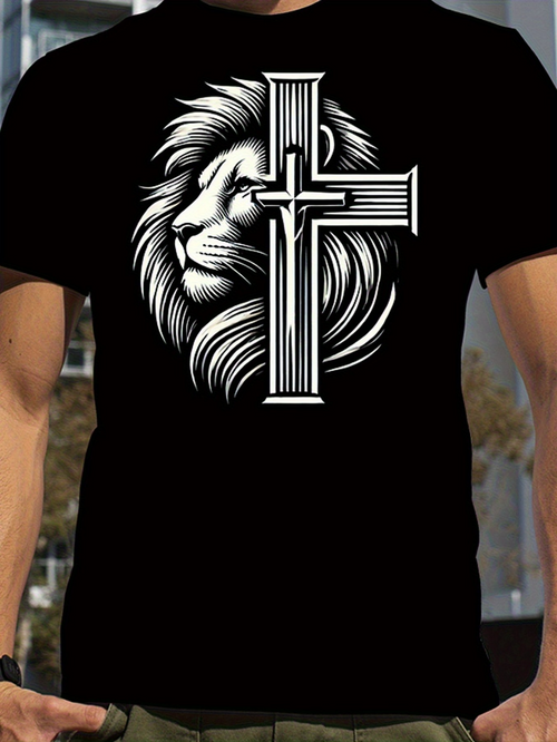 Men's Graphic T-Shirt Radiant Shaded Mane Lion With Bold Graphic Cross Symbol