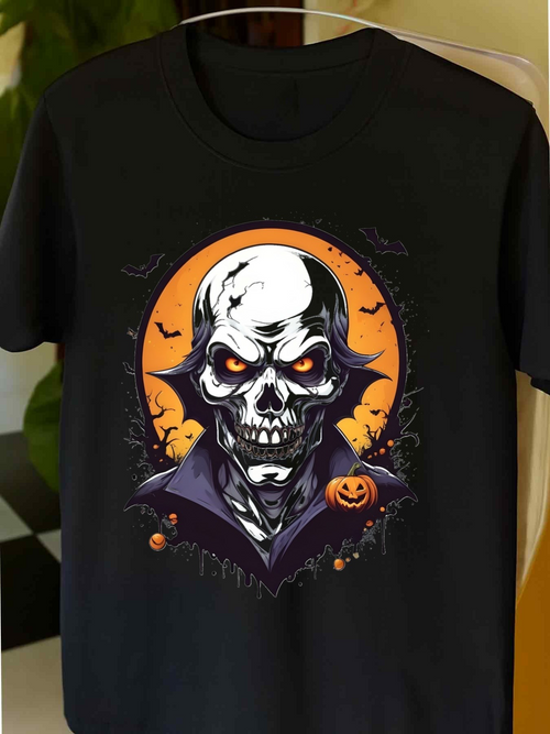 Men's Graphic T-Shirt Glowing Halloween Night With Bats Pumpkins And Full Moon Skull