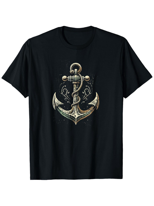 Men's Graphic T-Shirt Vintage Nautical Charm With Metallic Texture And Rope Detail Anchor