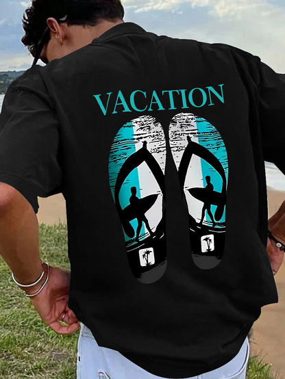 Men's Graphic T-Shirt Vacation Relaxing Beach With Surfers Walking Silhouette Flip Flops