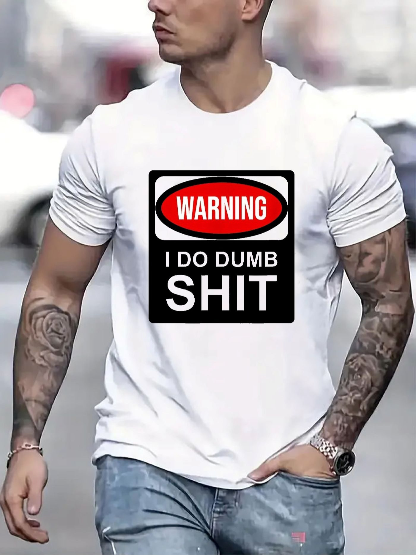 Men's Graphic T-Shirt Warning Black Red Sign With Bold Statement And Simple Letter Design White Shirt