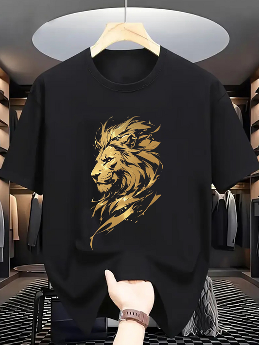 Men's Graphic T-Shirt Golden Artistic Brush Strokes Forming Proud Majestic Lion Head