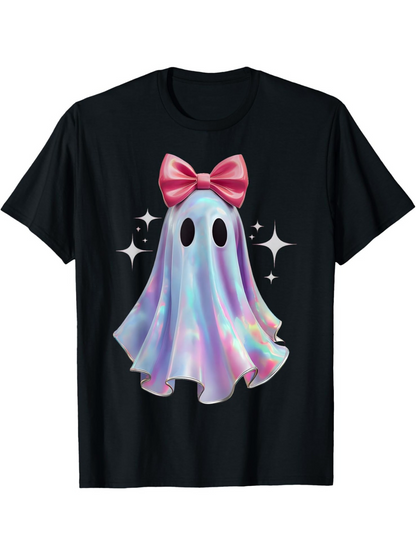 Men's Graphic T-Shirt Colorful Pastel Ghost With Pink Bow Surrounded By Shining Starry Accents