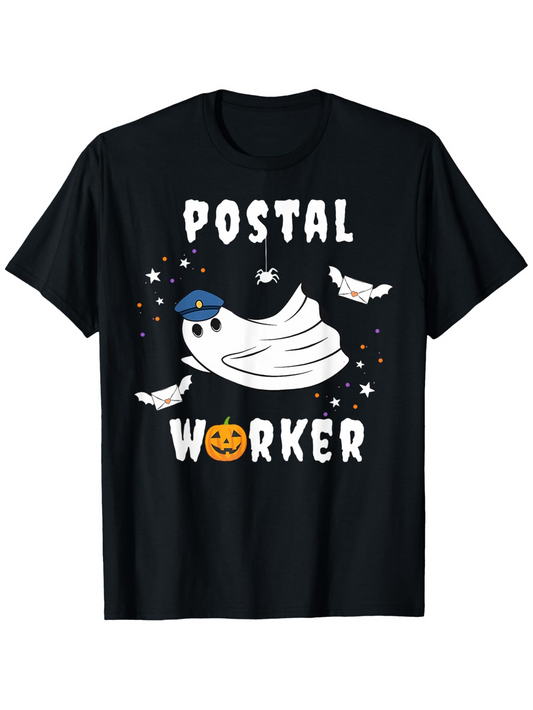 Men's Graphic T-Shirt Postal Worker Halloween Ghost With Flying Envelopes And Pumpkin Under Night Sky