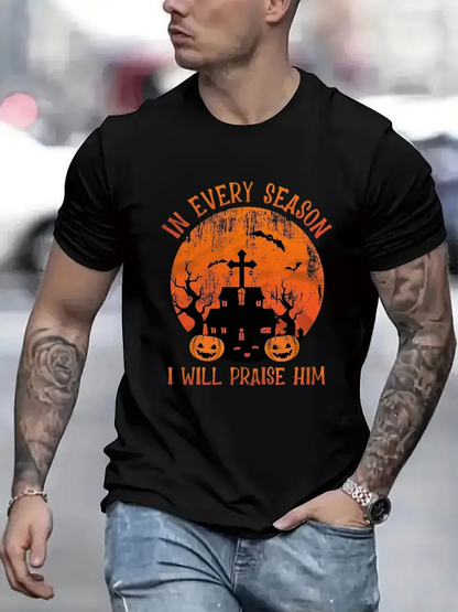 Men's Graphic T-Shirt In Every Season Glowing Orange Moon With Pumpkins Cross And Bats Halloween Scene